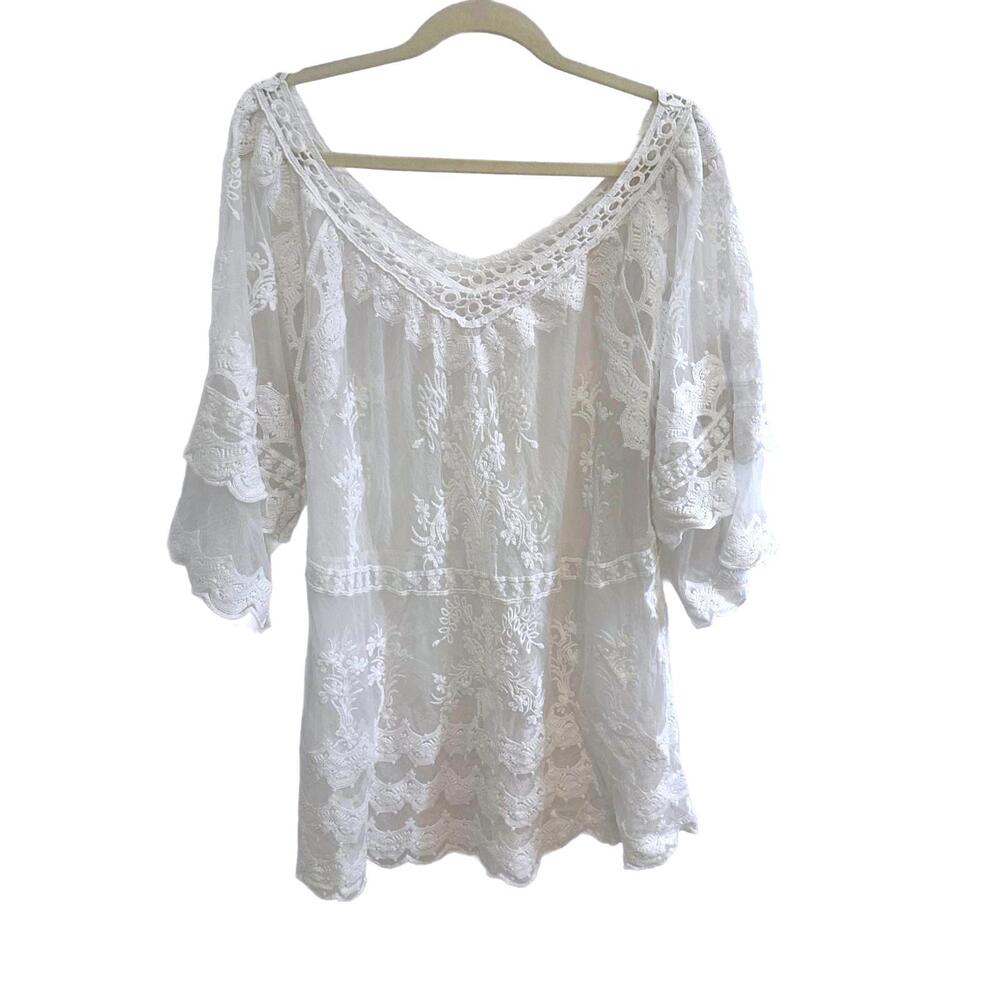 Aosta Sheer White Lace Embroidered V-Neck Blouse with Scalloped Edges - XL